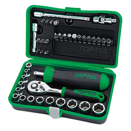 Trusa chei TOPTUL GADW4101, antrenor patrat 1/4 inch, clichet, 2 x extensii, articulatie, 12 x chei tubulare, 21 x biti insurubare, 41 piese TOPTUL GADW4101