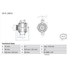 Alternator 14V 150A se potriveste. MERCEDES C CL203 C T-MODEL S203 C T-MODEL S204 C W203 C W204 CLC CL203 CLK A209 CLK C209 CLS MERCEDES-BENZ C-CLASS (W204), Sedan, 01.2007 - 01.2015 BOSCH 0 986 047 150