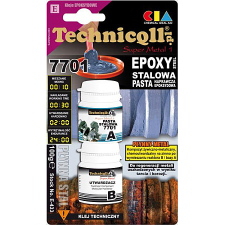 Adeziv pt metal Adeziv metalic pasta epoxidica cu doua componente Epoxy Steel 100 g aplicatie: aplicare verticala fisuri scurgeri otel pentru prelucrare mecanica pentru vopsire excesiva TECHNICQLL TE E-433 100 G