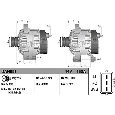 Alternator 14V 150A LAND ROVER DISCOVERY III RANGE ROVER III RANGE ROVER SPORT I 4.2-4.4 07.04-03.13 LAND ROVER RANGE ROVER III (L322), Crossover, 03.2002 - 12.2012 Denso DAN991