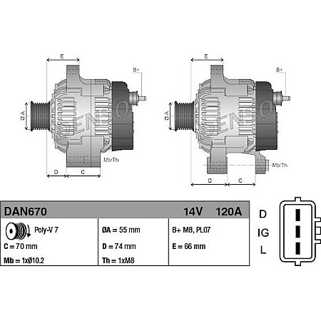 Alternator 14V 120A LAND ROVER DEFENDER DISCOVERY II 2.5D 06.98-02.16 LAND ROVER DEFENDER (L316), Turism, 05.1990 - 02.2016 Denso DAN670
