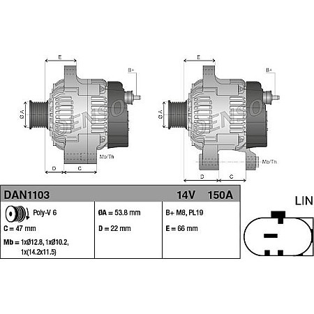 Alternator 14V 150A JAGUAR F-PACE F-TYPE XE XF I XF II XF SPORTBRAKE XJ XK II LAND ROVER DISCOVERY IV RANGE ROVER JAGUAR F-TYPE (X152), Compartiment, 09.2013 - Denso DAN1103