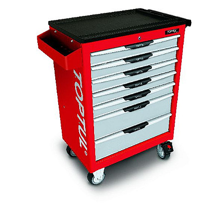 Carucior cu scule Carucior/cutie pentru scule numar sertare: 7 serie: PRO-LINE culoare: gri/rosu latime: 687mm adancime: 459mm inaltime: 857/1015mm TOPTUL TCAC0702