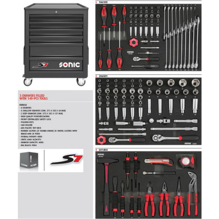 Carucior cu scule  numar piese 140 buc numar sertare 3 culoare Negru serie S7 SONIC 714040