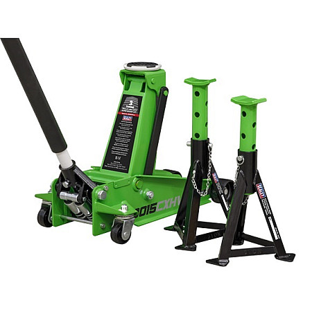 Elevator cu inaltime mica Cric hidraulic portabil accesorii capacitate de ridicare 3000kg minima 120 mm maxima 456 mobil numarul pistoane culoare verde suporturi montare SEALEY 3015CXHV