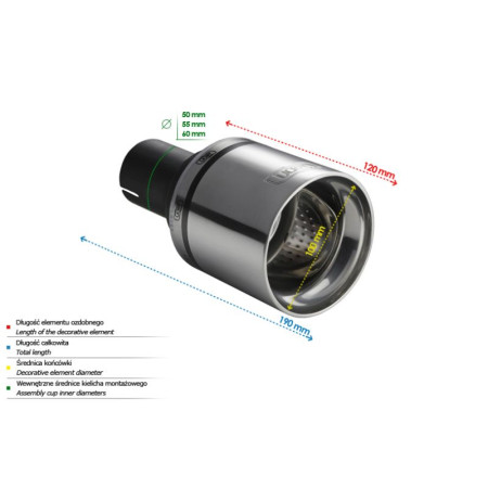 Toba de esapament varf Exhaust system tip shape: Round length120mm ornamental element diameter: 100mm fitting diameter: 60mm ULTER-SPORT SP. Z O.O. ULT N1-16/60