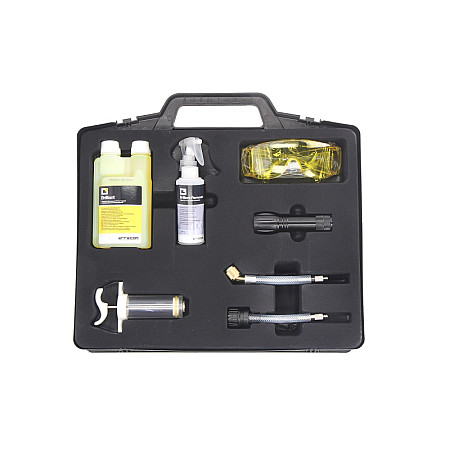 Detector scapari, instalatie climatizare ERRECOM - Uniwersalny Set pt wykrywania NUszczelnosci CIRCUITE klimatyzacji barwnik UV 250 ml zmywacz UV 100 ml dozownik UV 50 ml wielokrotnego napel. Adaptor LP 134a lampa UV LED okulary ERRECOM ER RK1312