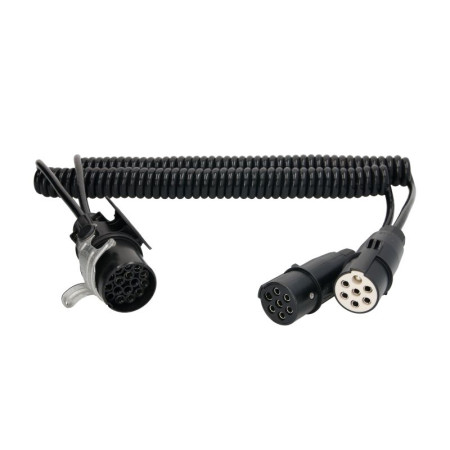 &quot;Cablu infasurat Sirma electrica spiralata lungime de lucru 4m numar cabluri: 1x15+6x1mm adaptor de soclu cu convertoare &quot;&quot;N&quot;&quot; si &quot;&quot;S&quot;&quot; 15/7/7 24 V 12 pini activi dopuri din 
