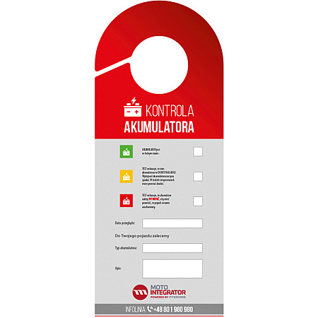 Verificare liste,etichete garaj Zawieszka akumulatorowa. Zawieszka do umieszczenia w widocznym miejscu w pojezdzie na przyklad na lusterku. Opakowanie 100 szt. INTER CARS ZAWIESZKA AKUMULATOR