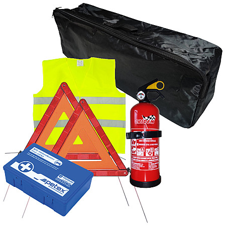 Set pachet prim ajutor auto, trusa sanitara PET, stingator 1kg Cridem, triunghi presemnalizare 2buc, vesta reflectorizanta, geanta organizatoare Negru