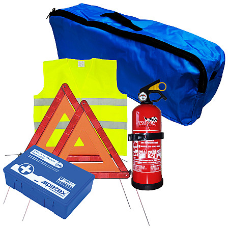 Set pachet prim ajutor auto, trusa sanitara PET, stingator 1kg Cridem, triunghi presemnalizare 2buc, vesta reflectorizanta, geanta organizatoare Bleumarin