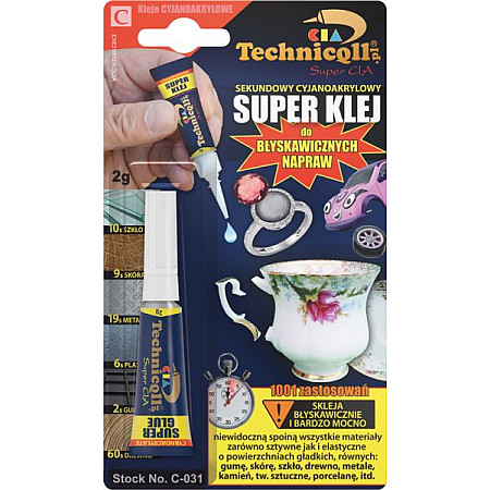 Adeziv universal cianoacrilat incolor 2g destinat pentru: cauciuc ceramica elastomeri lemn materiale plastice metal foarte repede lipici ciano-acrilic - tip picatura Tip de contact TECHNICQLL TE C-031 2 G