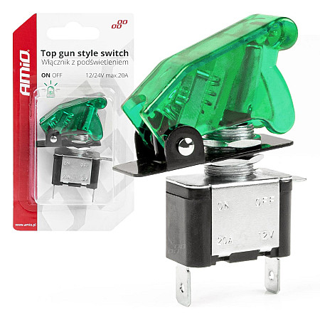 Comutator iluminat (intrerupator) cu protectie, destinatie auto, moto, ATV, SSV, Off-Road, model "TOP GUN", tensiune 12V - 24V, culoare Verde
