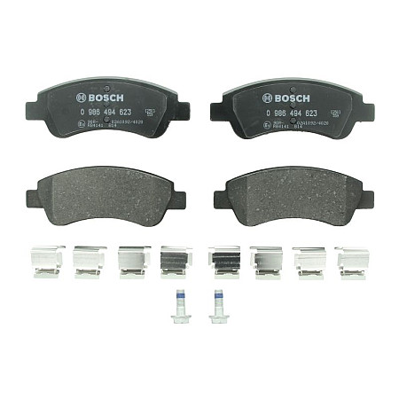 Set placute frana.frana disc Set placute frana Fata cu suplimente cu un tampon de amortizare se potriveste. DS DS 3 CITROEN BERL PEUGEOT 207 (W*****), Sedan, 12.2007 - 12.2014 BOSCH 0 986 494 623
