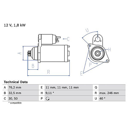 Electromotor 12V 18kW se potriveste. MERCEDES V 638-2 AUDI A3 FORD GALAXY I GALAXY MK I SEAT ALHAMBRA CORDOBA CORDOBA VARIO VW VENTO (1H2), Sedan, 11.1991 - 09.1998 BOSCH 0 986 017 000