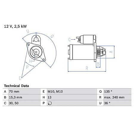 Electromotor 12V 25kW se potriveste. MERCEDES C A205 C C204 C C205 C T-MODEL S204 C T-MODEL S205 C W204 C W205 CLS C218 CLS MERCEDES-BENZ SLK (R172), Sabrioleta, 01.2011 - BOSCH 0 986 024 590