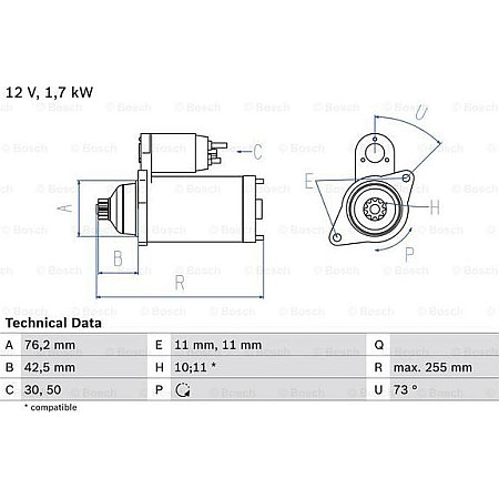 Electromotor 12V 17kW se potriveste. AUDI A3 TT SEAT ALTEA ALTEA XL LEON TOLEDO III SKODA OCTAVIA II SUPERB II VW CADDY III VW CADDY III (2KB, 2KJ, 2CB, 2CJ), Dubita, 03.2004 - 05.2015 BOSCH 0 986 020 280
