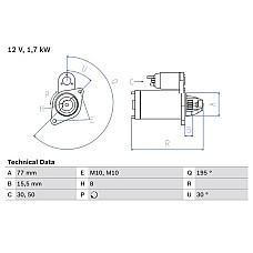 Electromotor 12V 17kW se potriveste. HYUNDAI ACCENT III ACCENT IV ELANTRA IV ELANTRA V GETZ I10 I I20 I I30 IX20 MATRIX KIA HYUNDAI i30 (FD), Turism, 10.2007 - 06.2012 BOSCH 0 986 023 600