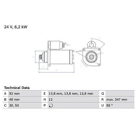 Electromotor 24V 62kW se potriveste. MERCEDES ACTROS MP2 - MP3 ACTROS MP4 - MP5 ANTOS AROCS AXOR 2 CAPACITY CITARO 2 CITARO MERCEDES-BENZ AROCS (963-2-A), 01.2013 - BOSCH 0 986 022 980