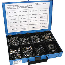 Colier furtun Cable tie TORRO worm gear 150pcs colour: silver length 8/12/16/20/25/32/40/50mm diameter 10-16/12-20/16-25/20-32/25-40/32-50/8-12 mm material: metal DRESSELHAUS 4499/000/06 8520