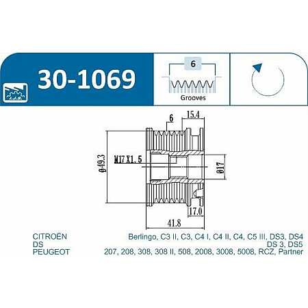 Fulie, alternator PEUGEOT 5008 (0U_, 0E_), Dubita, 06.2009 - 03.2017 IJS GROUP 30-1069