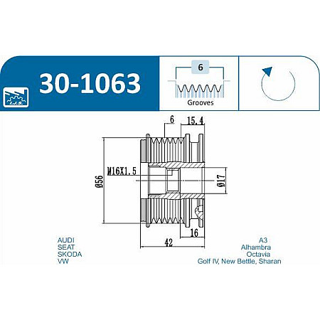 Fulie, alternator VW NEW BEETLE (9C1, 1C1), Hatchback, 01.1998 - 11.2010 IJS GROUP 30-1063