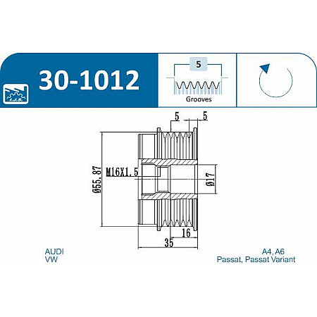 Fulie, alternator AUDI A6 II (4B2, C5), Sedan, 01.1997 - 08.2005 IJS GROUP 30-1012