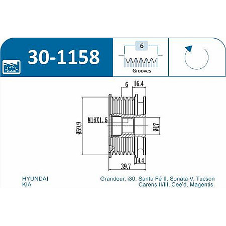 Fulie, alternator HYUNDAI i30 (FD), Hatchback, 10.2007 - 05.2012 IJS GROUP 30-1158