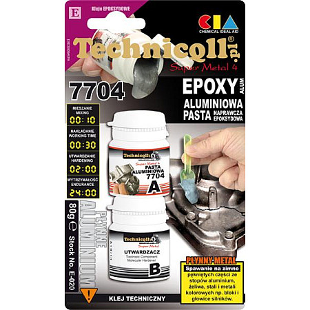 Adeziv pt metal Adeziv metalic pasta epoxidica cu doua componente Epoxy Alum 80 g aplicatie: aplicare verticala fisuri scurgeri aluminiu pentru prelucrare mecanica pentru vopsire excesiva TECHNICQLL TE E-020 80 G