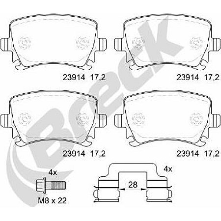 Set placute frana.frana disc Set placute frana Spate AUDI A3 A6 ALLROAD C6 A6 C6 TT SEAT LEON LEON SC LEON ST SKO AUDI A4 III (8EC, B7), Sedan, 11.2004 - 06.2008 Breck 23914 00 704 10
