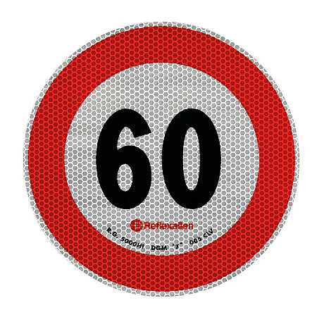 Autocolant limitator viteza reflectorizant, conform standardelor europene clasa 2, 20cm, 60km/h