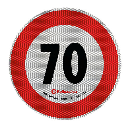 Autocolant limitator viteza reflectorizant, conform standardelor europene clasa 2, 20cm, 70km/h
