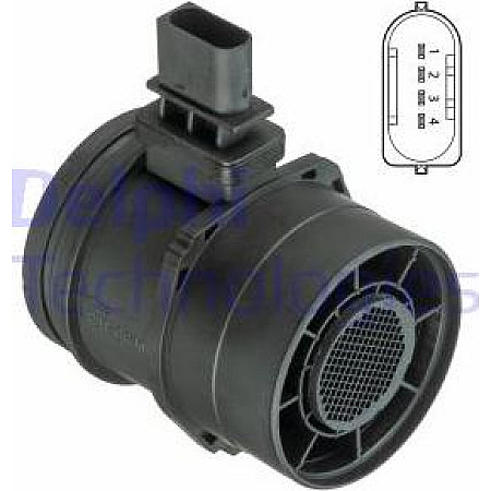 Senzor debit aer Air flowmeter 4 pin module MERCEDES VIANO W639 VITO W639 VITO - MIXTO W639 BMW 1 E81 1 E82 1 E87 1 E88 3 BMW 1 (E82), Compartiment, 10.2006 - 10.2013 Delphi AF10396-12B1
