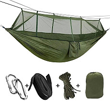 Hamac turistic din nylon cu plasa de tantari, culoare verde, dimensiuni 260 cm x 140 cm