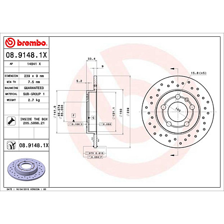 Disc frana Brake disc BREMBO Xtra 1pcs Drilled rear  L/R outer diameter 239 mm thickness 9 mm AUDI A3 TT SKODA OCTAVIA I OCTAVIA I/KOMBI VW BORA BORA I GOLF IV 1.6-3.2 12.96-12.13 BREMBO 08.9148.1X