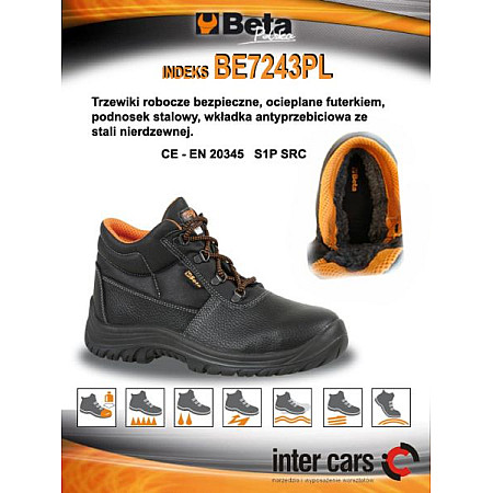 Protectia picioarelor BETA incaltaminte de protectie BASIC marime: 41 categorie de protectie: S1P SRC material: piele culoare: negru botul: otel incaltaminte cu izolatie electrica BETA BE7243PL/41