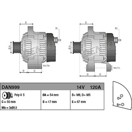 Alternator 14V 120A ALFA ROMEO MITO FIAT 500 500 C DOBLO DOBLO CARGO GRANDE PUNTO IDEA PUNTO PUNTO EVO TIPO FORD LANCIA MUSA (350_), Dubita, 10.2004 - 09.2012 Denso DAN999