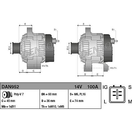 Alternator 14V 100A TOYOTA AVENSIS VERSO PREVIA II RAV 4 II RAV 4 III 2.0-2.4 02.00-06.13 TOYOTA RAV 4 III (_A3_), Crossover, 06.2005 - 08.2014 Denso DAN952