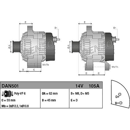 Alternator 14V 105A ALFA ROMEO 145 146 147 156 GT FIAT BRAVA BRAVO I DOBLO DOBLO-MINIVAN IDEA MAREA MULTIPLA PUNT FIAT MAREA (185_), Sedan, 05.1996 - 12.2007 Denso DAN501