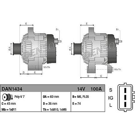 Alternator 14V 100A TOYOTA AVENSIS RAV 4 II 2.0 05.00-11.05 TOYOTA AVENSIS I (_T22_), Liftback, 09.1997 - 02.2003 Denso DAN1434