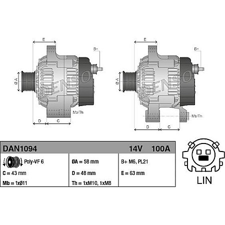 Alternator 14V 100A TOYOTA AURIS COROLLA VERSO S YARIS 1.4D 11.10- TOYOTA YARIS III (_P13_), Hatchback, 12.2010 - Denso DAN1094