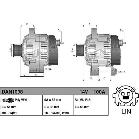 Alternator 14V 100A TOYOTA AURIS COROLLA RAV 4 IV 1.6-2.0 10.12- TOYOTA AURIS (_E18_), Turism, 07.2013 - 12.2018 Denso DAN1098