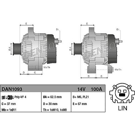 Alternator 14V 100A TOYOTA AURIS COROLLA YARIS 1.3 09.11- TOYOTA COROLLA XI (_E18_, ZRE1_), Sedan, 06.2013 - 05.2019 Denso DAN1093