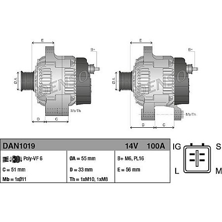 Alternator 14V 100A TOYOTA AURIS COROLLA YARIS 1.6-1.8 11.06-07.14 TOYOTA AURIS I (_E15_), Hatchback, 10.2006 - 09.2012 Denso DAN1019