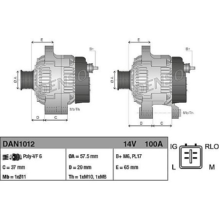 Alternator 14V 100A TOYOTA AURIS COROLLA URBAN CRUISER YARIS 1.33 11.08-03.16 TOYOTA YARIS II (_P9_), Hatchback, 01.2005 - 12.2014 Denso DAN1012