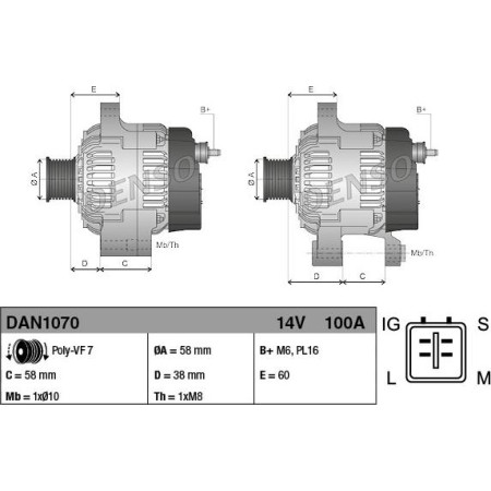 Alternator 14V 100A TOYOTA DYNA HIACE V LAND CRUISER LAND CRUISER PRADO 2.5D-3.0D 09.02- TOYOTA HIACE V (TRH2__, KDH2__, LH2__), Van, 06.2004 - 05.2019 Denso DAN1070