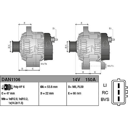 Alternator 14V 150A LAND ROVER DISCOVERY IV 2.7D 09.09-12.18 LAND ROVER DISCOVERY IV (L319), Crossover, 09.2009 - Denso DAN1106