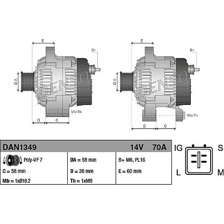 Alternator 14V 70A TOYOTA DYNA HIACE IV HILUX VI 2.5D 07.01- TOYOTA HIACE III (_H1_), Van, 08.1989 - 02.2005 Denso DAN1349