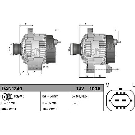 Alternator 14V 100A OPEL ASTRA H ASTRA H CLASSIC ASTRA H GTC COMBO TOUR COMBO-MINIVAN CORSA C CORSA D MERIVA A TI OPEL COMBO (COMBO-C), Box/MPV, 10.2001 - Denso DAN1340