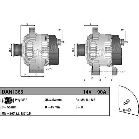 Alternator 14V 90A FIAT BRAVO II IDEA STILO LANCIA MUSA 1.9D 10.01- FIAT BRAVO II (198_), Hatchback, 11.2006 - Denso DAN1365